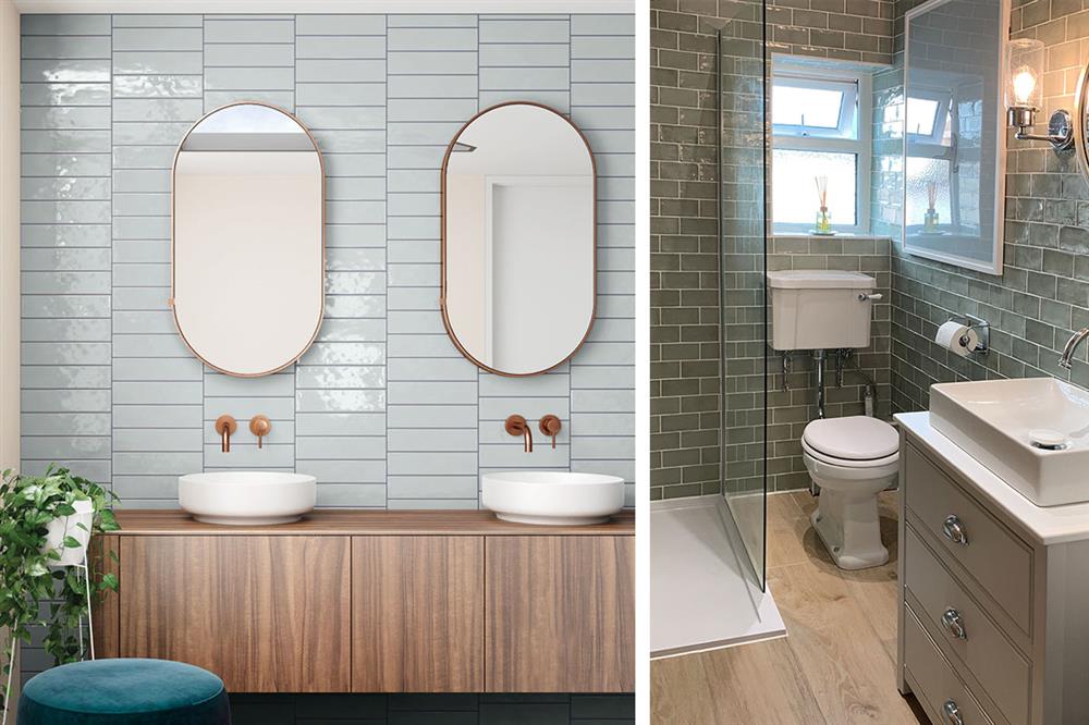 (Left) Cotswold sky metro tiles, (Right) Valentina matcha green metro tiles